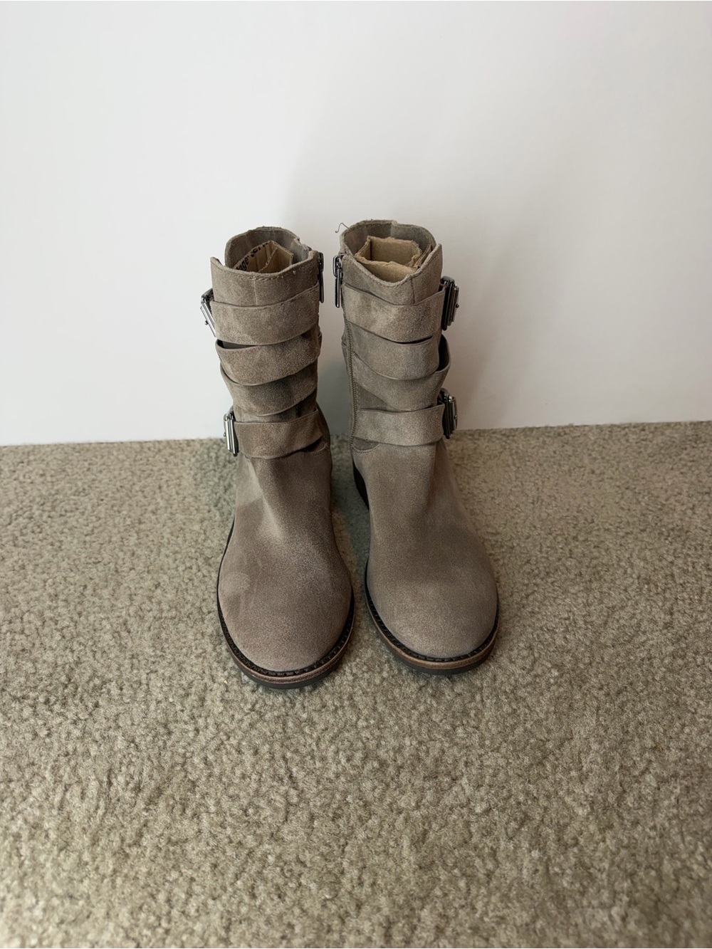 Vince Camuto Webey Leather Ankle Moto Boots Beige Suede Women's Size 6.5 M